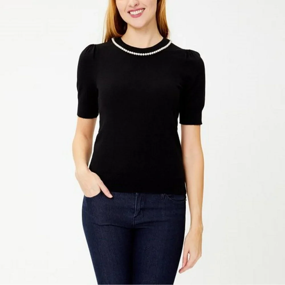 New Kate Spade Black Pearl-Embellished Short-Sleeve Sweater Size XXS